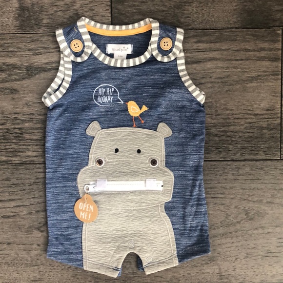 Mud Pie infant’s BLUE HIPPO ZIPPER MOUTH ROMPER - Picture 2 of 8